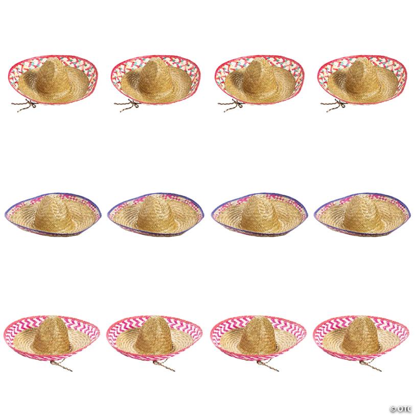 24" Adults Embroidered Patterned Straw Sombreros with Chin Cord - 12 Pc.