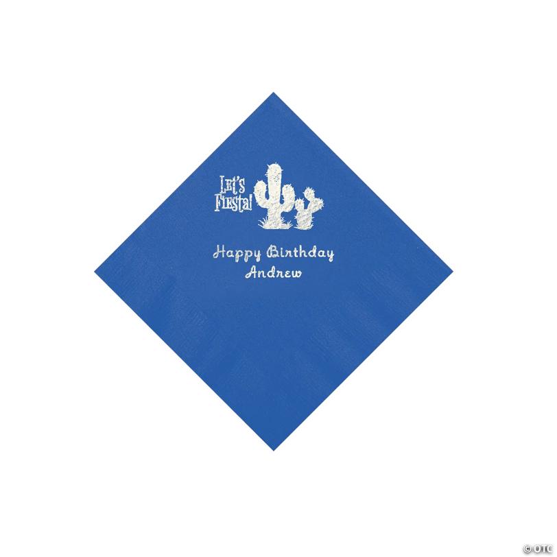 5" Bulk 50 Ct. Personalized Fiesta Cobalt Blue Beverage Napkins with Silver Foil