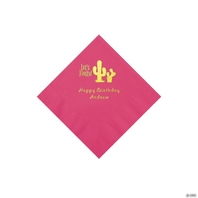 5" Bulk 50 Ct. Personalized Fiesta Hot Pink Beverage Napkins with Gold Foil