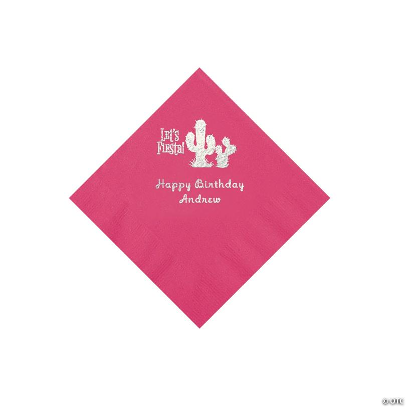 5" Bulk 50 Ct. Personalized Fiesta Hot Pink Beverage Napkins with Silver Foil