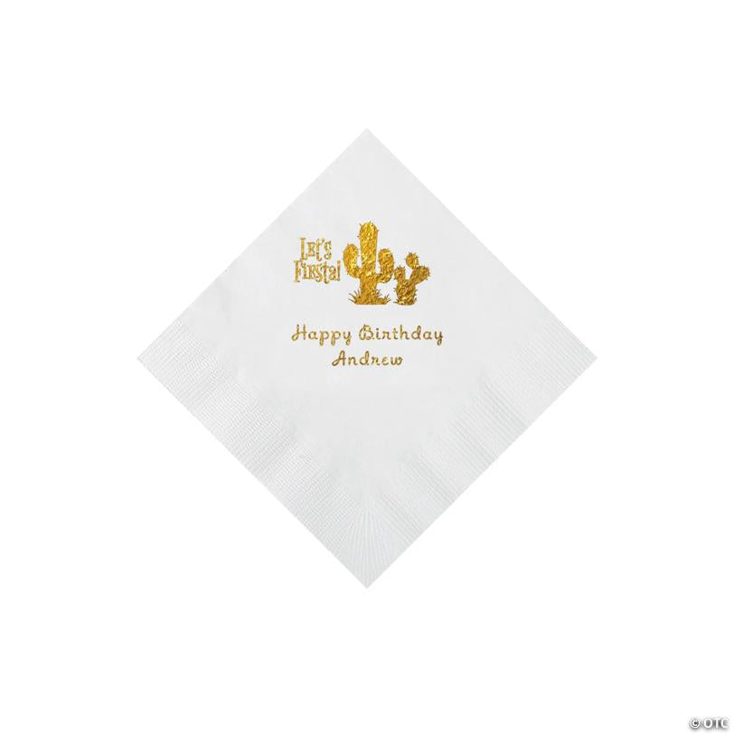 5" Bulk 50 Ct. Personalized Fiesta White Beverage Napkins with Gold Foil