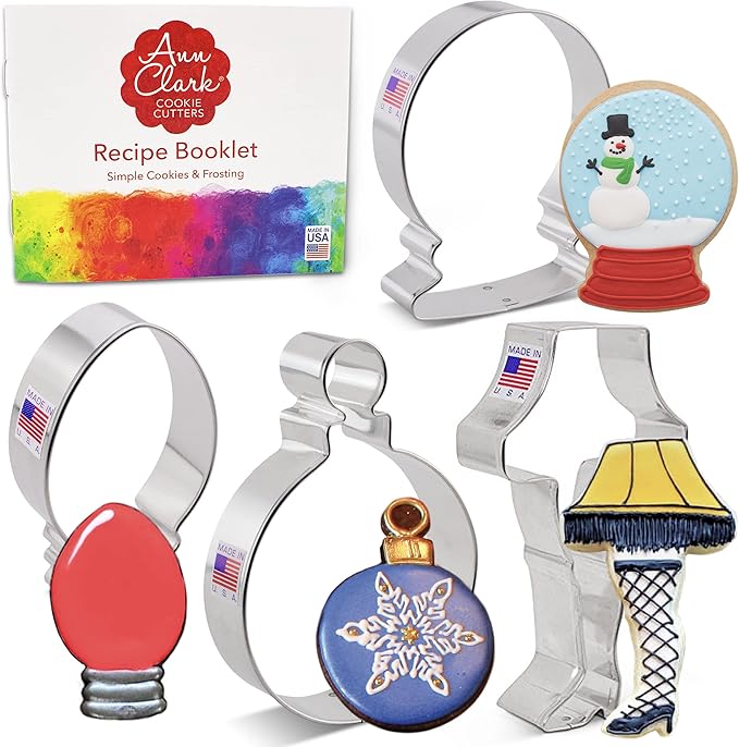 Christmas Cookie Cutters 4-Pc. Set Made in USA by Ann Clark, Snow Globe, Ornament, Light Bulb, Leg Lamp