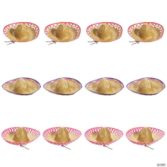 24" Adults Embroidered Patterned Straw Sombreros with Chin Cord - 12 Pc.