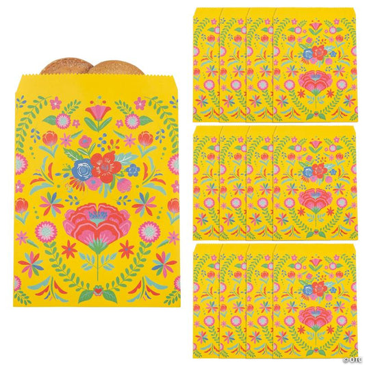 5 3/4" x 8" Medium Floral Fiesta Paper Treat Bags with Stickers - 12 Pc.