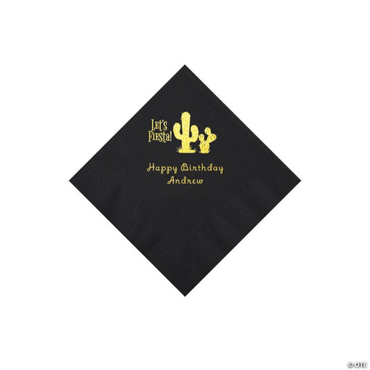 5" Bulk 50 Ct. Personalized Fiesta Black Beverage Napkins with Gold Foil