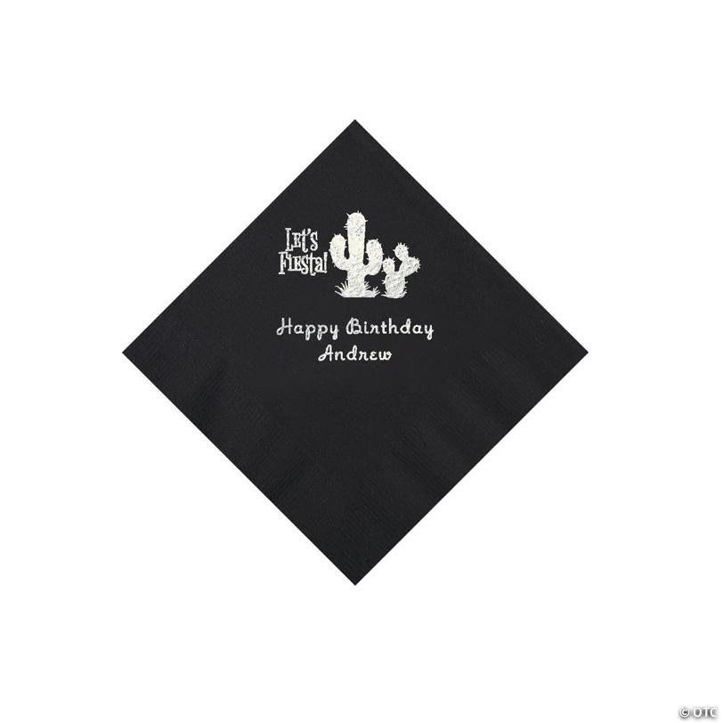 5" Bulk 50 Ct. Personalized Fiesta Black Beverage Napkins with Silver Foil