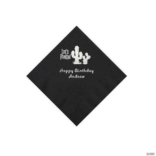 5" Bulk 50 Ct. Personalized Fiesta Black Beverage Napkins with Silver Foil
