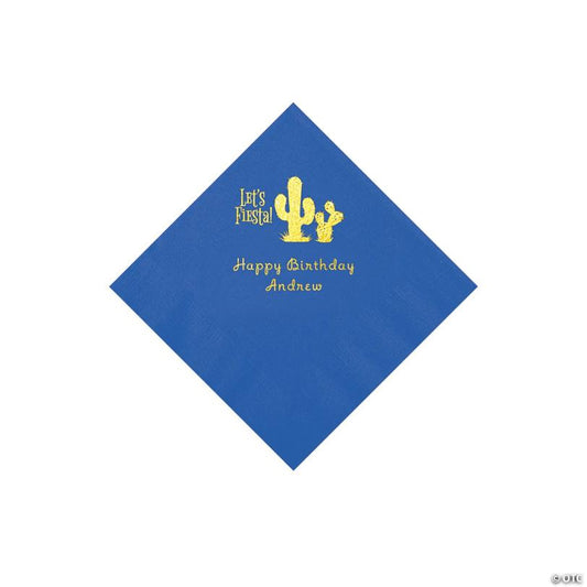 5" Bulk 50 Ct. Personalized Fiesta Cobalt Blue Beverage Napkins with Gold Foil