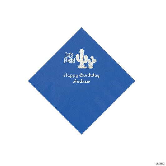 5" Bulk 50 Ct. Personalized Fiesta Cobalt Blue Beverage Napkins with Silver Foil