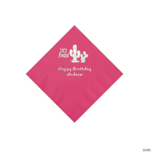 5" Bulk 50 Ct. Personalized Fiesta Hot Pink Beverage Napkins with Silver Foil