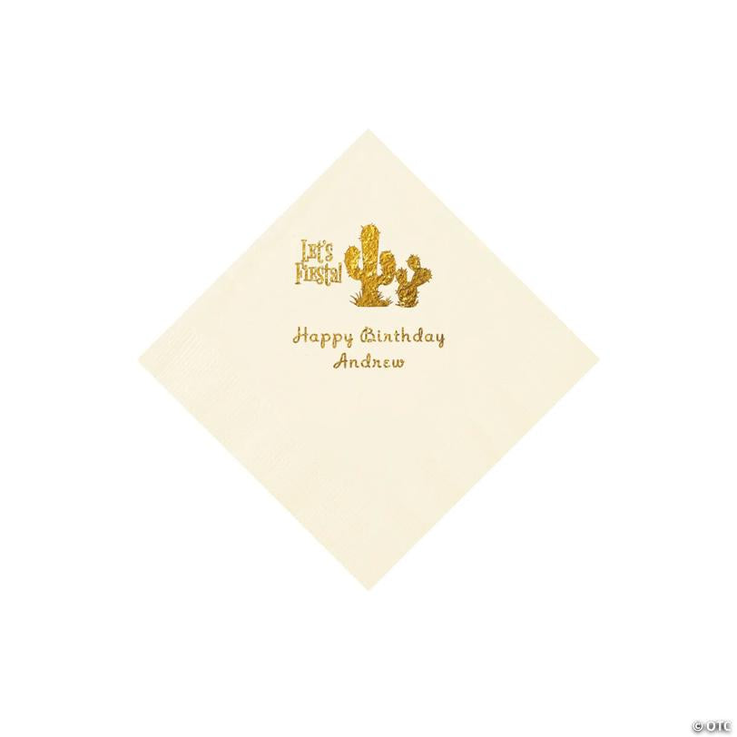 5" Bulk 50 Ct. Personalized Fiesta Ivory Beverage Napkins with Gold Foil