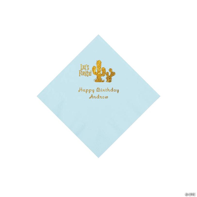 5" Bulk 50 Ct. Personalized Fiesta Light Blue Beverage Napkins with Gold Foil