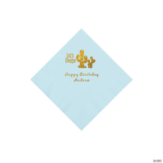 5" Bulk 50 Ct. Personalized Fiesta Light Blue Beverage Napkins with Gold Foil