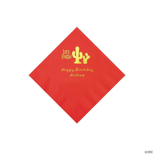 5" Bulk 50 Ct. Personalized Fiesta Red Beverage Napkins with Gold Foil