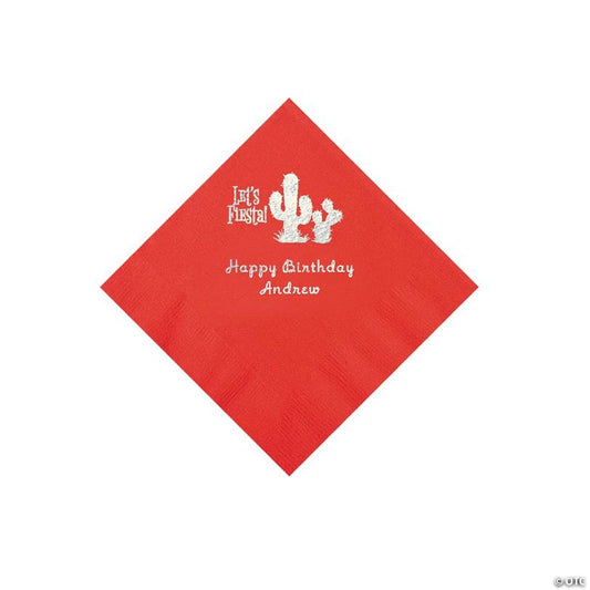 5" Bulk 50 Ct. Personalized Fiesta Red Beverage Napkins with Silver Foil