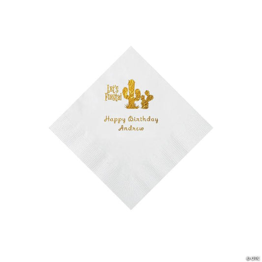 5" Bulk 50 Ct. Personalized Fiesta White Beverage Napkins with Gold Foil