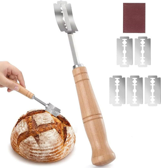 Premium Bread Lame Tool - Hand Crafted Bread Lame Dough Scoring Tool - Easy to Lame Bread & Clean - Stainless Steel Sourdough Scoring Tool - Bread Scoring Tool with Leather Cover(5 Blades)