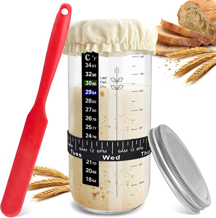 Sourdough Starter Kit for Homemade Bread: 34 oz Glass Sourdough Starter Jar with Date Marked Feeding Band, Thermometer, Silicone Spatula, Metal Lid & Cloth Cover for Perfect Sour Dough Bread Baking