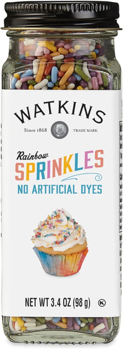 Watkins Rainbow Jimmies Decorating Sprinkles Sugar, Non-GMO, Kosher, 3.4 Ounce Jar Dye Free