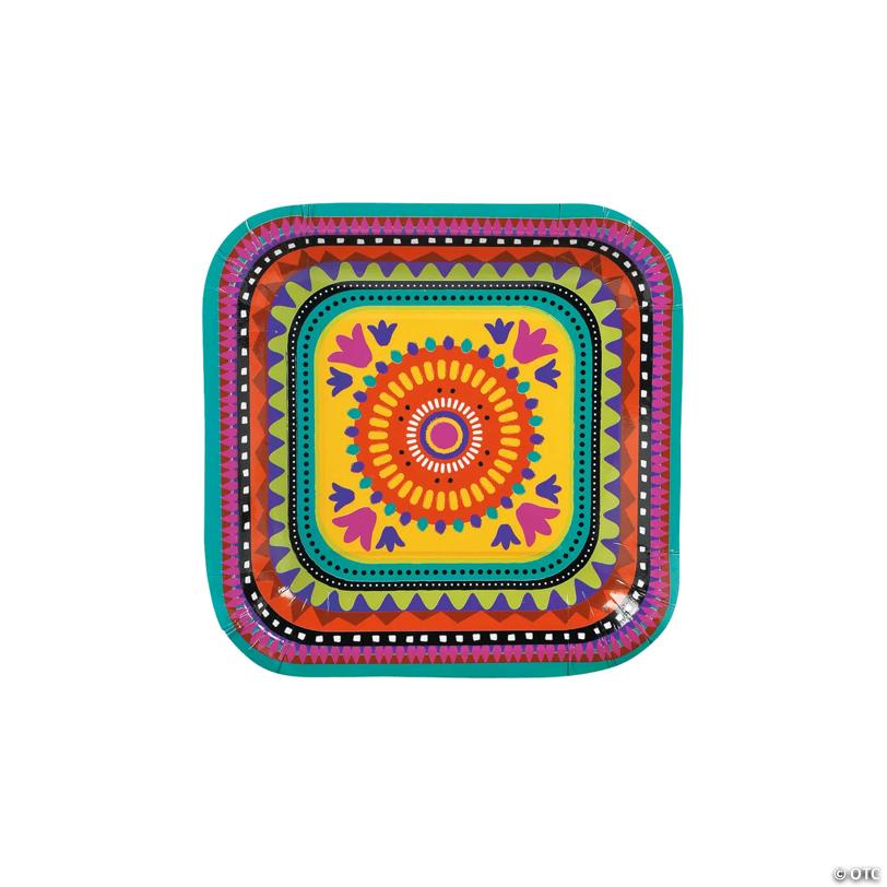 7" Fiesta Party Square Disposable Paper Dessert Plates - 8 Ct.