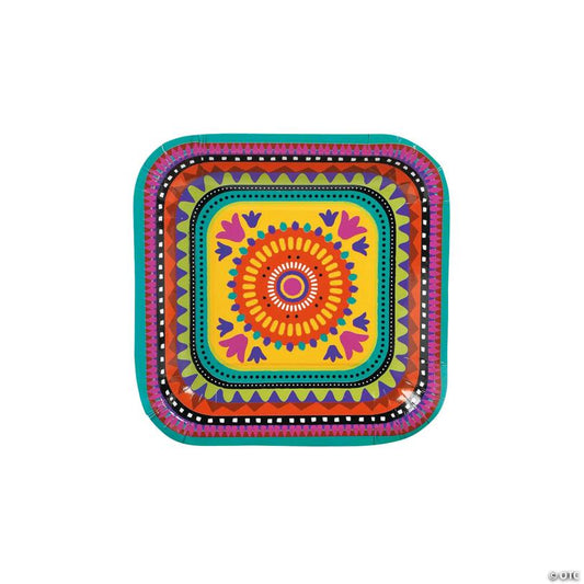 7" Fiesta Party Square Disposable Paper Dessert Plates - 8 Ct.