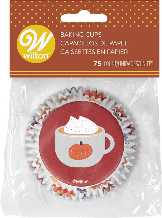 Cupcake/Treat Baking Cups Autumn Leaves and latte cup 
Paper 150 ct Standard size, paper. 2 in. dia.