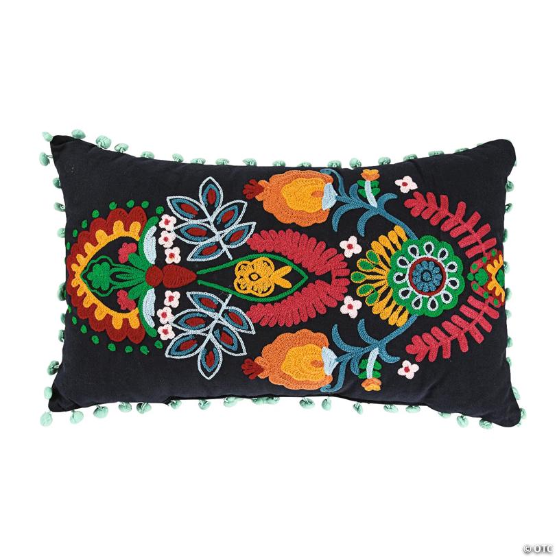 Fiesta Embroidered Pillow with Poms
