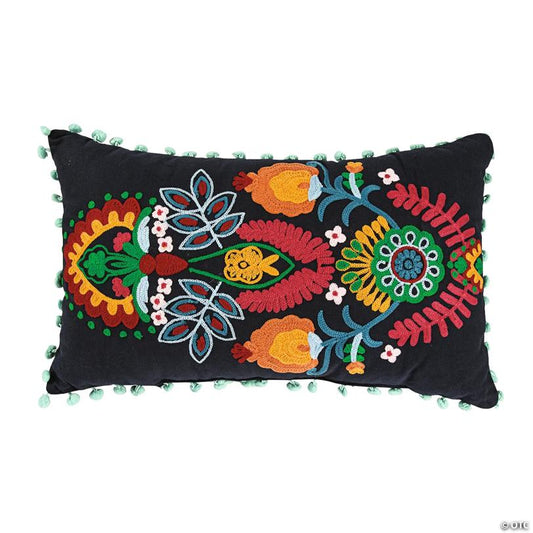 Fiesta Embroidered Pillow with Poms