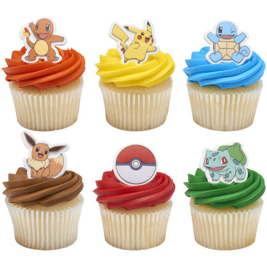 Pokémon Rings, Cupcake Decorations With Pikachu, Bulbasaur, Eevee, Charmander, Squirtle, and Poké Ball, Multicolored Food Safe Cake Toppers – 12 Pack