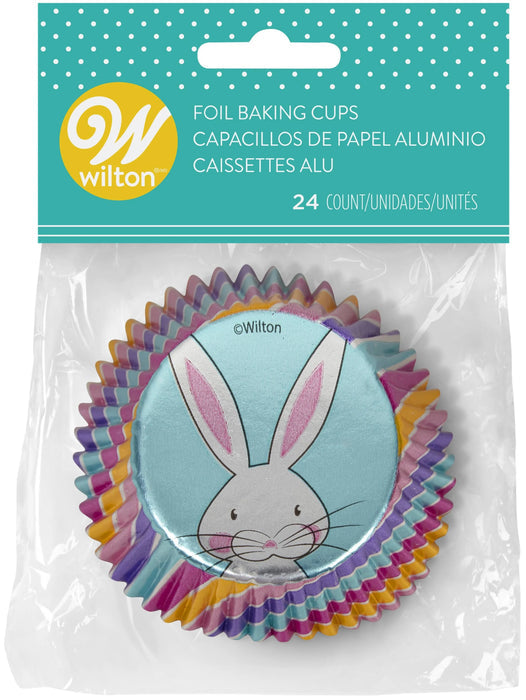 Colorful foil liners with a rainbow print and adorable bunny won't fade when you bake. These greaseproof baking cups are a great addition to your spring baking or Easter party. Perfect for cupcakes, muffins and more. 24-count.
